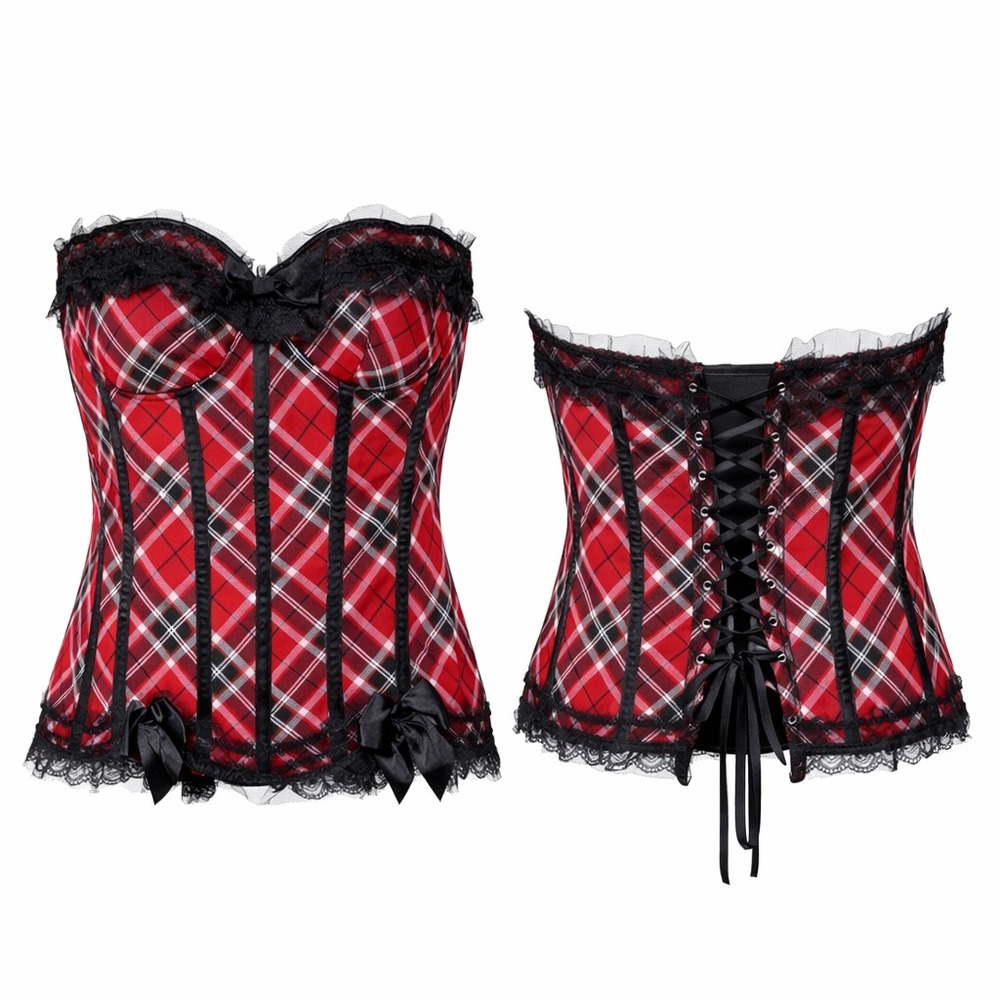 Hips‎ & Curves Red Plaid Lace Up Corset Black Lace Trim Bows Size 2X Steampunk
